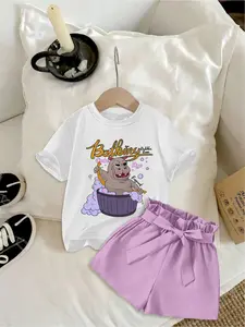 2-Piece Girls' Fashion Sweet Crewneck Short Sleeve T-Shirt & Shorts Set | Adorable Hippo Bath Time Graphic Print | Summer Casual Cute Outfit