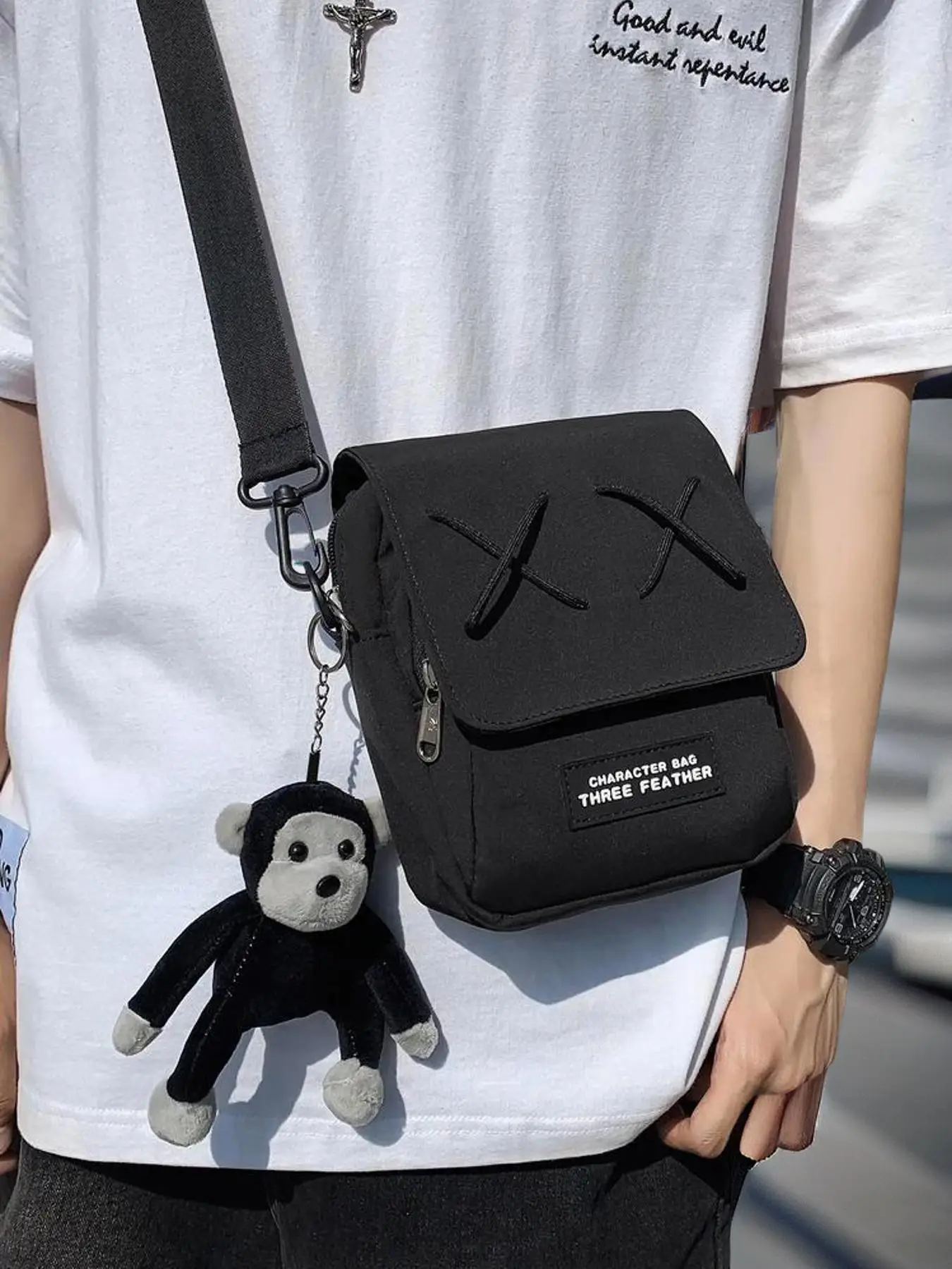 Men's Street Crossbody Bag, Letter Patched Cross Detail Shoulder Bag with Monkey Bag Charm, Multifunctional Mini Designer Summer Bag for Travel, Colle