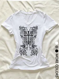Y2K-style short-sleeve T-shirt with vintage Gothic cross and angel wing prints. Slim fit, stretch fabric, V-neck design, perfect for the dark academia, mall Gothic, and alternative fashion styles popular on TikTok.