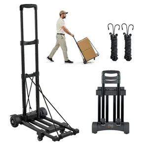 VEVOR Folding Hand Truck, 290 lbs Load Capacity, Collapsible Luggage Cart with 4 Wheels, 2 Elastic Ropes & Expandable Base, Utility Dolly Platform Cart for Airport Travel Luggage Office Moving, Black