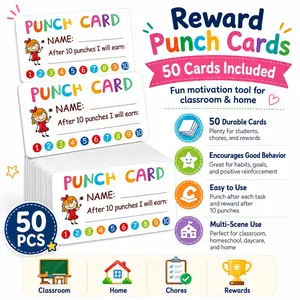 Punched Cards Set of 50, Colorful Durable Behavior Incentive System, Classroom and Home Use, Teacher and Parent Motivation Tool, Word Cards