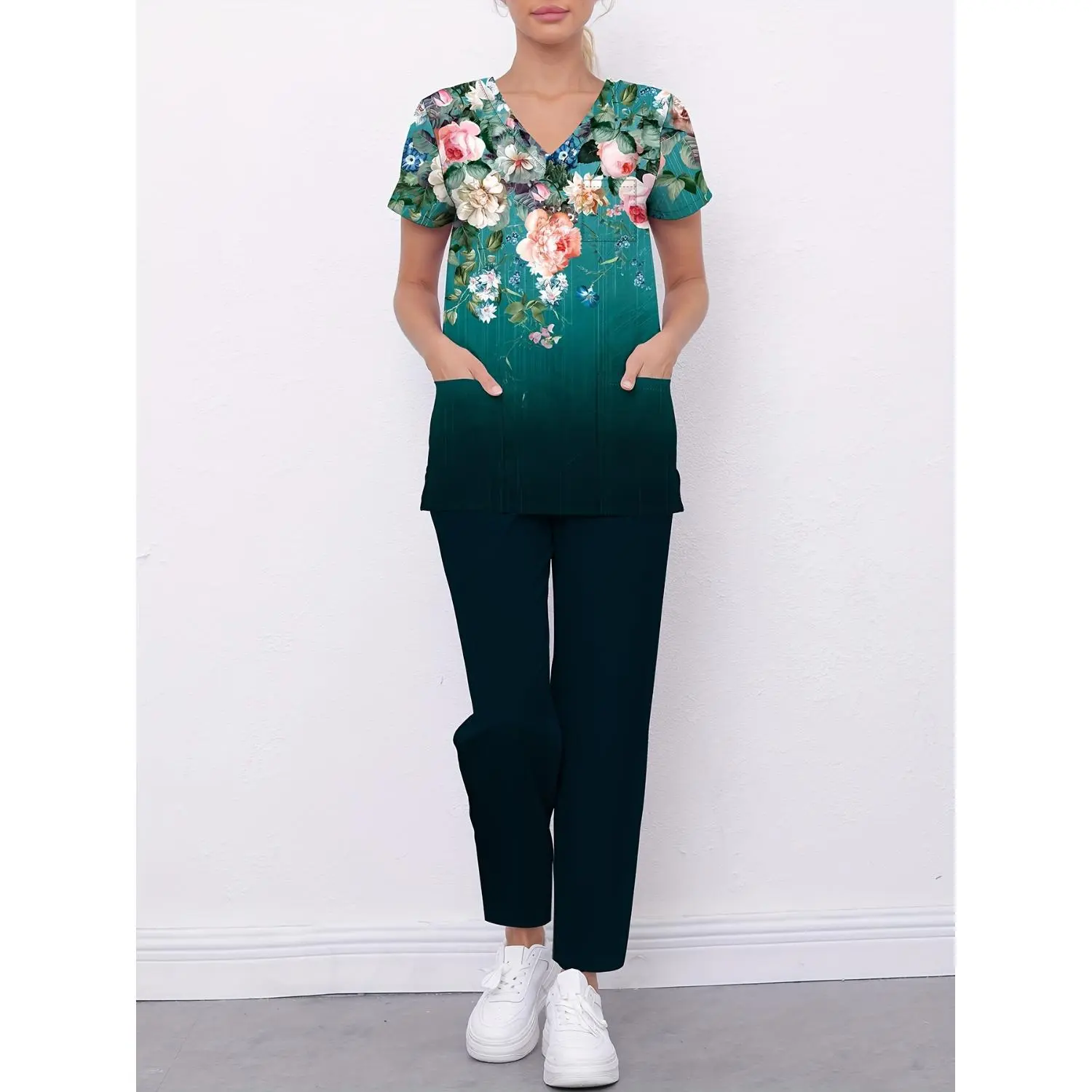 Women's Breathable Printed V-Neck Scrub Set with Pockets, Includes Top and Pants