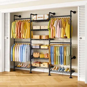 M6 Clothes Rack for Wall Mounted, Heavy Duty Closet Wardrobe System with 8 Shelves and 4 Hanger Rods, 68.5" W x 11.8" D x 86.6" H Clothing Storage Organizer for Holding 1064lbs, Black