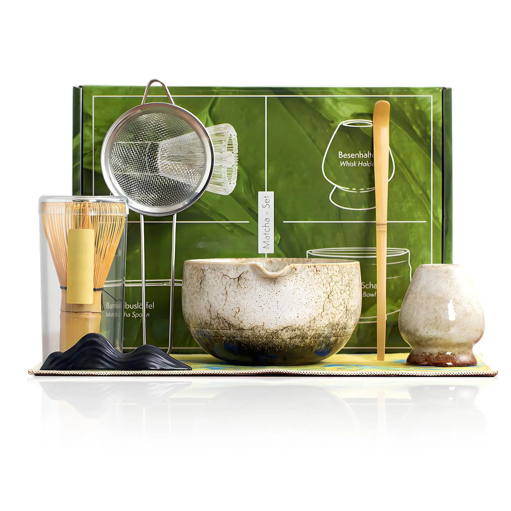 Garvee Premium 7-Piece Matcha Whisk Set with Ceramic Bowl, Handcrafted Bamboo Chasen, Stainless Steel Sifter, Scoop & Holder - Complete Kit Perfect for Beginners and Enthusiasts