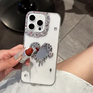 for iPhone SE2 SE3 17Air 17 16 Pro Max 15 Plus 14 13 12 11 Pro Max XS XR 11 Pro Mirror Heart Shape Bling Case,Luxury Crystal Rhinestone Glitter Diamond Women Girls Case Cover