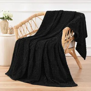 Flannel Throw Black 50"*60",Super Plush with Square Grid for Couch Sofa Chair