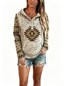 Women's Vintage Aztec Geometric Print Hoodies,Sweatshirt with Henley Button Placket, Long Sleeve Casual Pullover with Drawstring,Western Style Lightweight Hoodie for Daily Wear