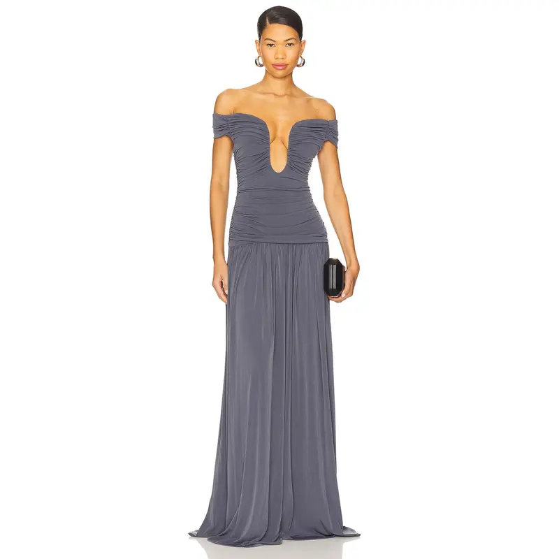 slate grey bridesmaid dresses Slate Blue Bridesmaid Dresses Chic Bateau Neckline Ruffle Short Sleeves Sheath/Column Chiffon Bridesmaid Dress with Slit