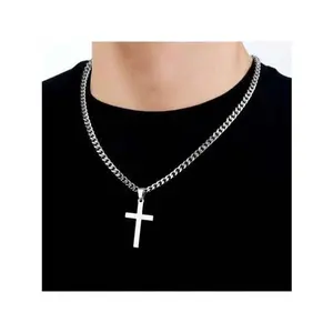 Men's Cross Pendant Necklace, Men's Basic Cross Necklace, Waterproof And Non Fading Stainless Steel Jewelry, High Quality Thin Chain Cross Pendant Necklace, Cuban Chain Cross Necklace, Fashionable Stainless Steel Jewelry Gift For Him,Suitable For Daily W