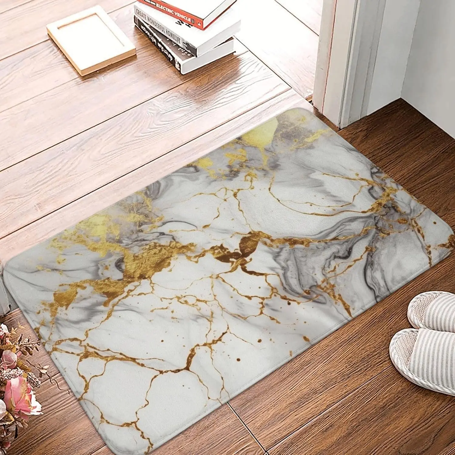Golden White Marble Print Bath Mat 24x16 Inch Non-Slip Soft Microfiber Bathroom Rugs Washable Bathmat, Carpet Rug Entryway Decor for Tub Shower Room Floor
