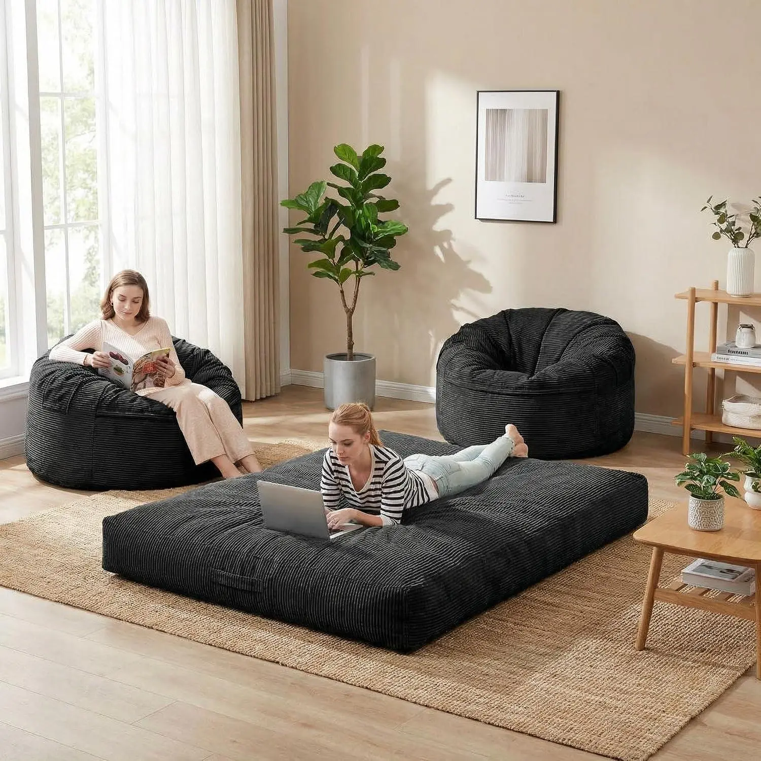 Garvee 2-in-1 Bean Bag Sofa & Bed – XXL Floor Sofa with Corduroy Cover, High-Quality Foam, Washable, Assembly-Free, Ideal as a Relaxing Lounger for Living Room & Bedroom – Dark Grey, Big Ball Ø120×H70cm
