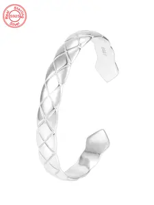 S925 Sterling Silver Rhombus Textured Design Cuff Bangle, Fashionable Jewelry for Women & Girls, Trendy All-match & Exquisite Jewelry for Birthday Gift