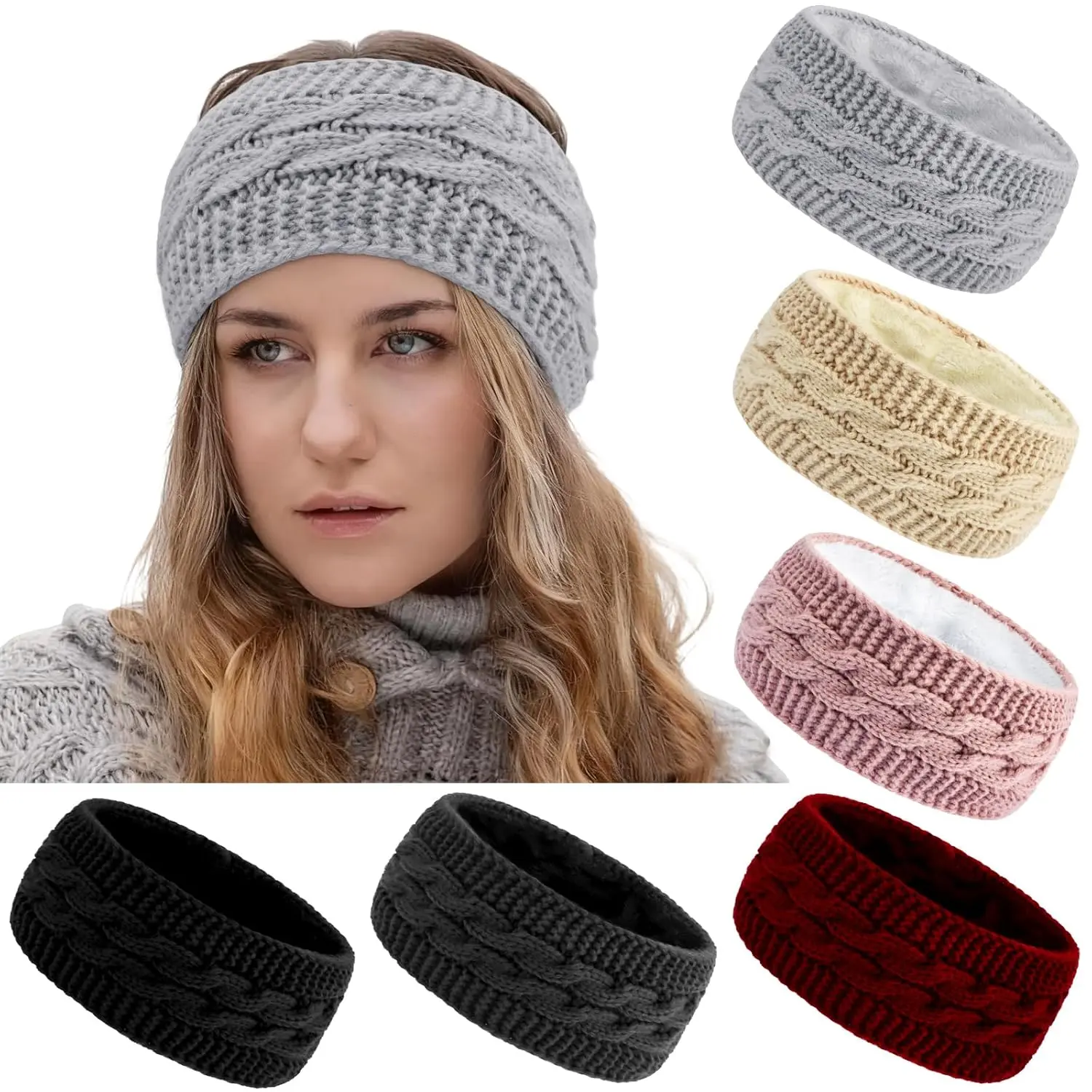 6 Pack Winter Headbands for Women Fuzzy Fleece Lined Ear Warmers Headband Thick Knit Ear Muffs for Winter Accessories Ear Covers Cold Weather Christmas  Stocking Stuffers for Women