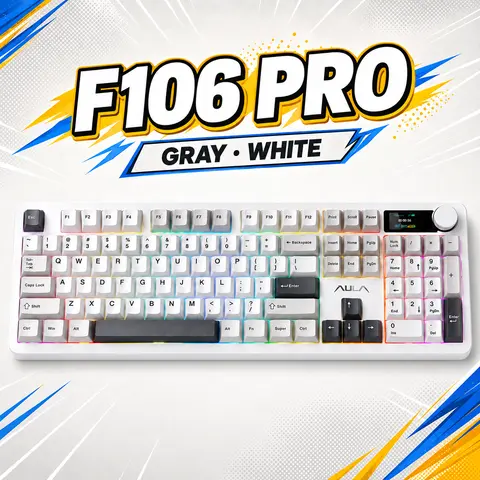 AULA F106 PRO Wireless Mechanical Gaming Keyboard for Gamers - 104 Keys, Black&Red, Tri-Mode RGB Backlight Keycap, Hot-Swappable Creamy Unit, Knob & Screen Display, Custom Setup, ARGB Compatibility, for PC/Laptop/Windows