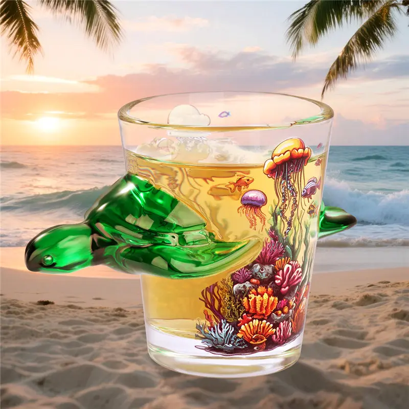 Turtle Shaped Martini Glass, 50ML Capacity Whiskey Vodka Shot Glass, Ocean Print Design, Home Bar Beach Party Portable Drinkware, Stylish Drinkware, Glassware, Glass Drinking Cup