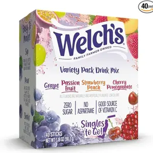 Welch's Singles To Go Variety Pack, Watertok Powdered Drink Mix, Includes 4 Flavors, Grape, Passion fruit, Strawberry Peach, Cherry Pomegranate, 1 Box (40 Servings)