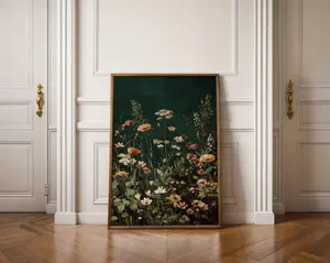 [Sale up to 50%] [Free Ship] Dark Green Wildflowers Painting poster, Spring Flower Watercolor Print, Flowers Wall Art, Vintage Neutral Botanical Print