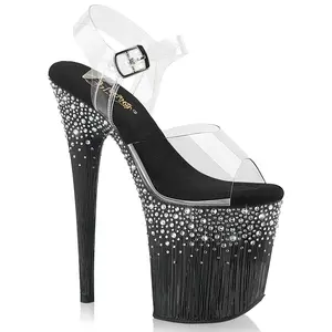 Women's Classy Heeled Platform High Heel Sandals - Clear/Black-Silver Rhinestones, Elegant Fashion Shoe, 808SPKL-02 Footwear