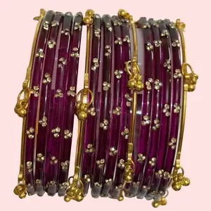 fashion jewelry gift idea 16-Piece Indian Glass Bangles Set Size 2.12 – 12 Glass Bangles + 4 Kashmiri Ghungroo Bangles, Gold Colored Dangling Charms, Traditional Wedding for Women Fall Elegance trendy accessory fashionable chunky bangle birthday