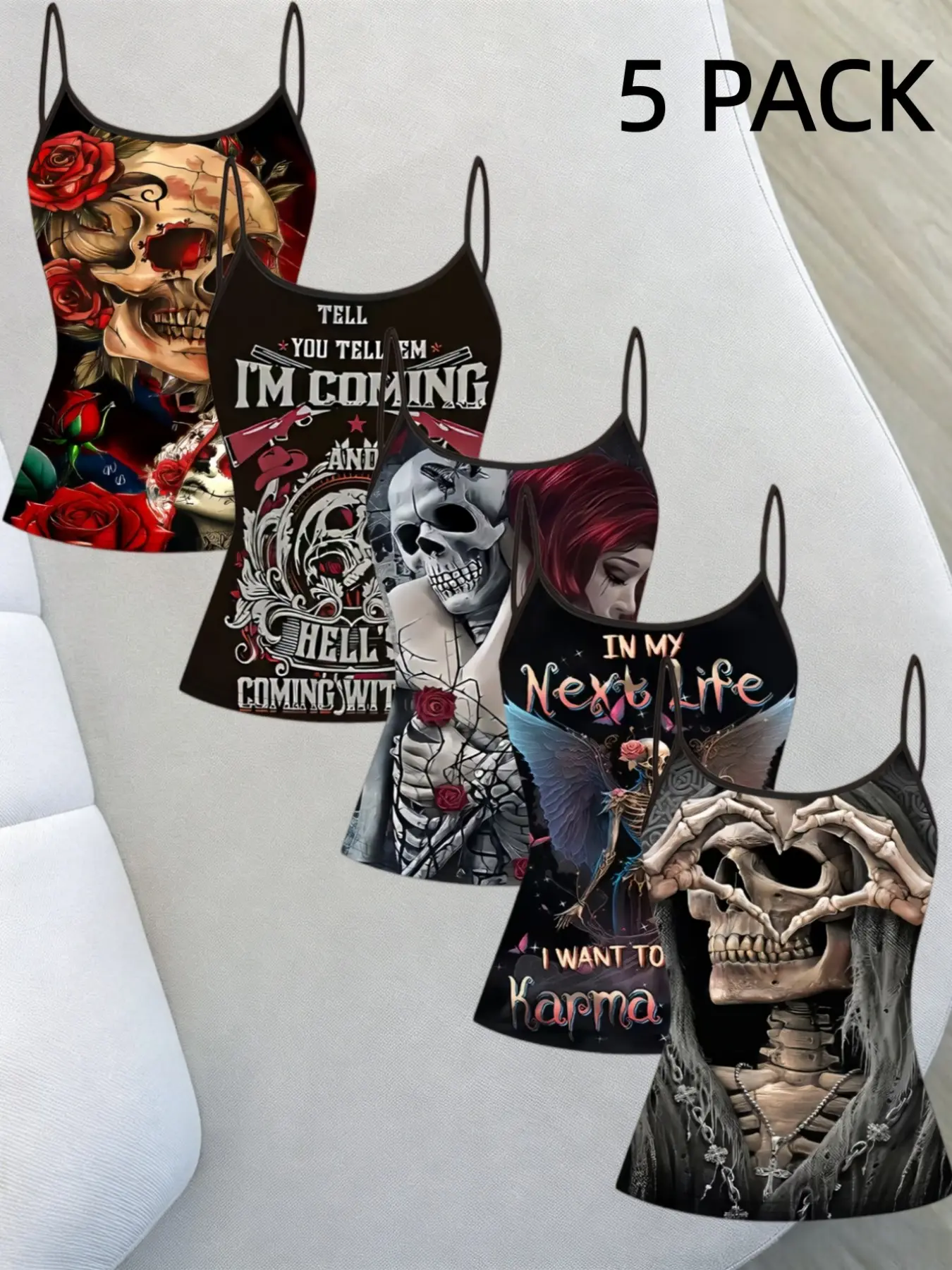 Plus Size Sweet Cool Dark Subculture Versatile Women's Casual Fashion Sleeveless Strappy Spaghetti Strap Bodycon Camisole Tank Top Set, 5 Pieces, Slim-Fitting, All over Print, Summer Tops Trendy