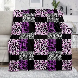 Purple Leopard & Zebra Print Flannel Blanket, Ultra-Soft Plush Throw with Bold Animal Print Patchwork, Cozy Warm Fleece Blanket for Couch Bed, Perfect Trendy Home Decor & Gift for Fashion Lovers, All-Season Comfort