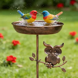1 Piece Wild Bird Bath And Feeder 2-In-1, Bird Supplies, Iron Bird Bath Station - Decorative Bird Bath And Feeding Station For Outdoor Gardens, Courtyards, And Patios, Decorated With Owls, Leaves, With A Vintage Copper Coating, Used To Attract Wild Birds