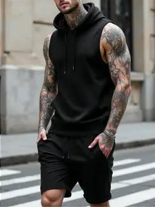 Two-Piece Set Men's Solid Hooded Sweatshirt & Drawstring Waist Shorts, Regular Fit Casual Fashion Cozy Breathable Outfits for Daily Outdoor Wear, Men Clothes for Summer