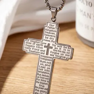 Sunselle Stainless Steel Our Father Lord's Prayer Cross Pendant Necklace for Women Men Chain 23.6", Christian Bible Religious Prayer Jewelry for Daily Party Fashion