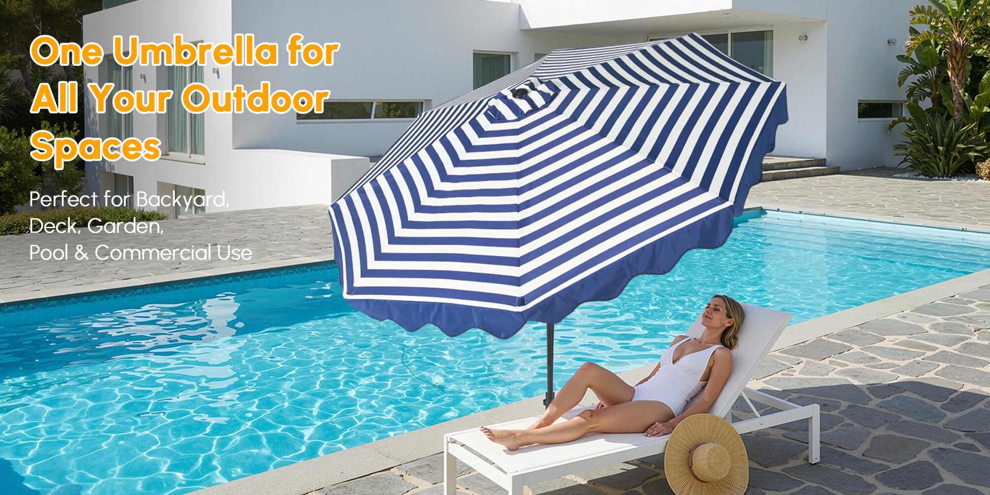 10Ft Classic MidCentury Scalloped Fringe Market Patio Umbrella with One Button Tilt, Handle Crank Solar powered Outdoor Parasols, Wind Vent and UV Protection for Garden Lofi Porch Pool, Premium