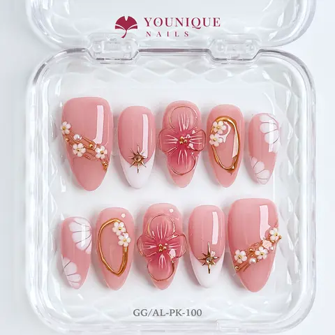 Younique Nails BIRTHDAY NUDE NATURAL FRENCH COLLECTION Handmade Reusable False Acrylic Set Kit Luxury Glossy Press-On Salon Quality Fake Press On Tip Week Wear Short Floral Detail Baby Pink Base Design Rhinestone Mixed Different Size Holiday Gift
