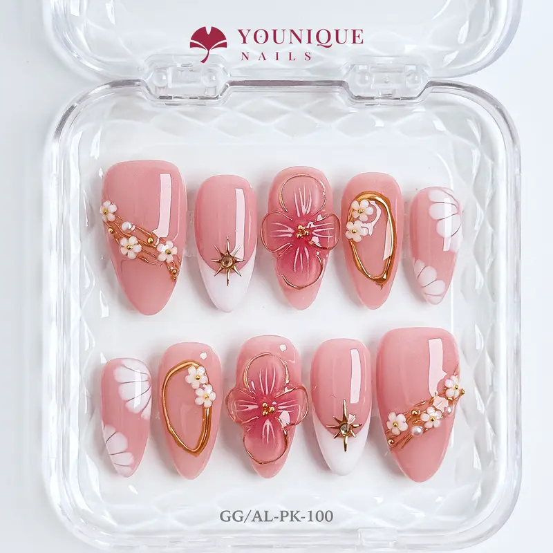 Younique Nails BIRTHDAY NUDE NATURAL FRENCH COLLECTION Handmade Reusable False Acrylic Set Kit Luxury Glossy Press-On Salon Quality Fake Press On Tip Week Wear Short Floral Detail Baby Pink Base Design Rhinestone Mixed Different Size Holiday Gift