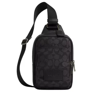 COACH RACER 13 Crossbody Chest Bag for Men – Logo-Zip, Coated Canvas and Smooth Calfskin, Mini Style, Charcoal Gray