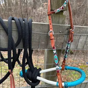 Teal Beaded Horse Size Bitless Hackamore Rawhide Bosal Black Nylon Mecate Rein