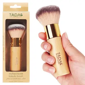 TADA Natural Beauty Kabuki Brush for Blush, Bronzer, Foundation & Setting Powder With Wooden Handle, Travel Size, Perfect for Travel & Makeup Pouch, Pore-Blurred Finish