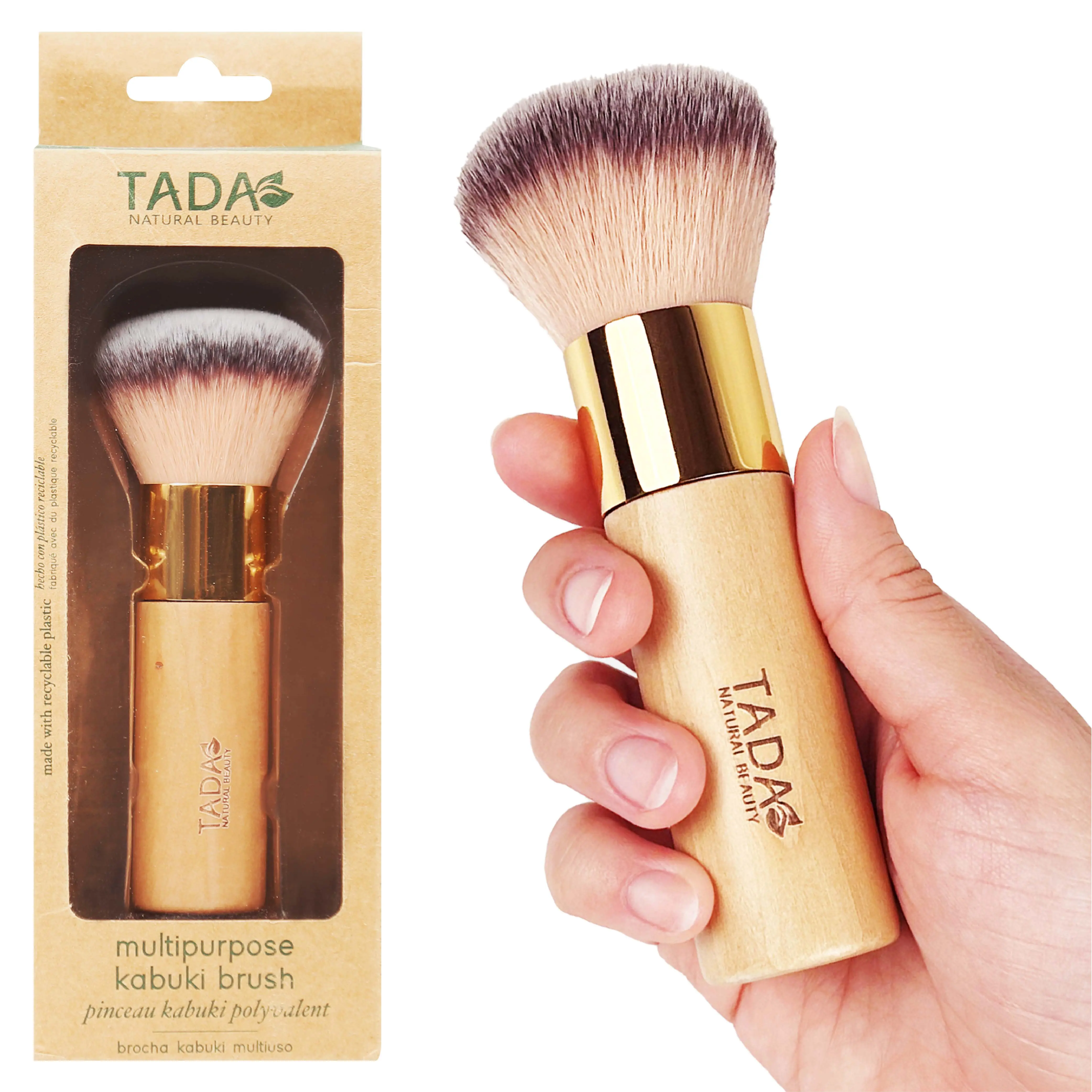 TADA Natural Beauty Sensitive Skin Kabuki Brush - Shedding-Free Synthetic Bristles, Wooden Handle, Compact Travel-Size, Multi-Use for All Face Makeup & Blush, Even Blend Pore-Blurred Finish, Single Beauty Product