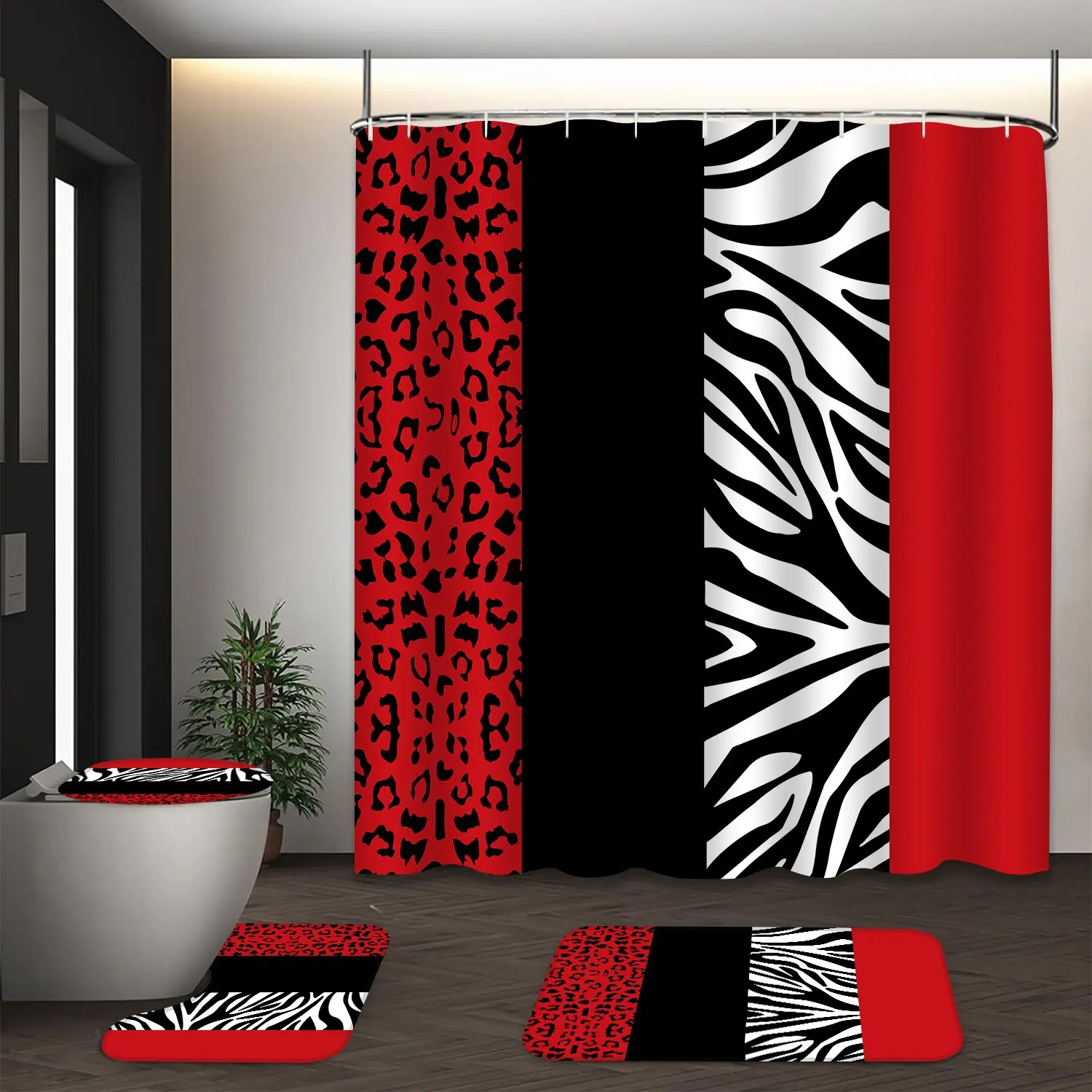 LVRLVR 4Pcs Leopard Zebra Print Bold Animal Print Multi-Color Bathroom Shower Curtain Set 70.8×70.8 Inch