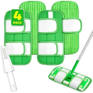 4 Pack  Microfiber Mop Pads, Compatible with  Sweeper, Machine Washable Cloths, Scraper Included, Refills for  Floor Cleaning, Hook and Loop, Wet Dry - 10"- 12"
