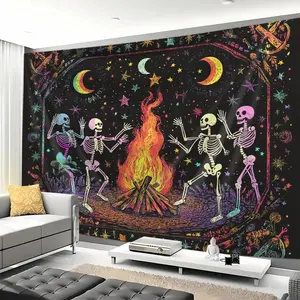 1pc Psychedelic Skeleton Dancing Around Campfire Wall Tapestry - Indoor Knit Brushed Polyester Wall Hanging Decor for Living Room - Power-Free, Vivid Floral & Cosmic Patterns, Orientation: Landscape