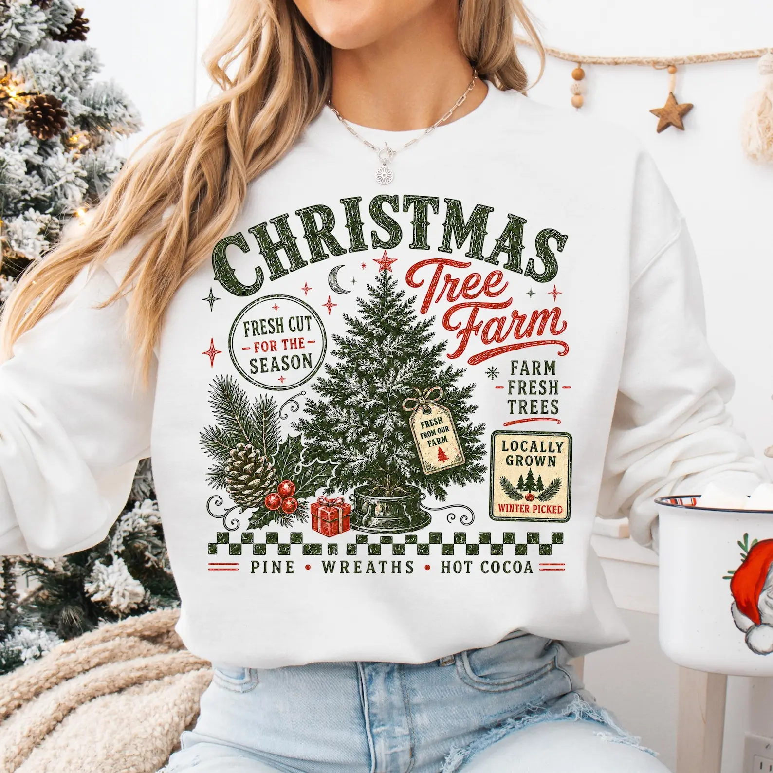 Retro Christmas Tree Farm Sweatshirt, Vintage Xmas Graphic Crewneck, Hot Cocoa Christmas Pullover, Trendy Holiday Sweatshirt, Cozy Winter Gift