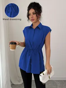 Women's Solid Color Fitted Blouse, Stand Collar Design, Sleeveless Style, Perfect for Casual Wear & Daily