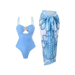 Women's 2-Piece Halter Bikini Set - Starfish Print, Nylon-Polyester Blend, Full Linings, 1 Size Fits Most, Comfortable Cover-Up Skirt, Pool/Beach Vacation Swimsuit for Women, Bikini Sets
