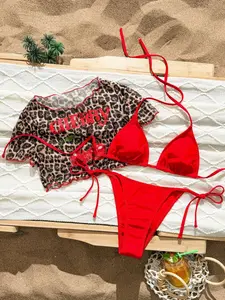 Anthony Kelly x Swim Mod 3pcs Sweet Crochet Women's Swimsuit Set - Pineapple & Leopard Print Coverup, Solid Red Halter Tie-Back Top And Tie-Side Red Bottoms For Summer Beach Vacation