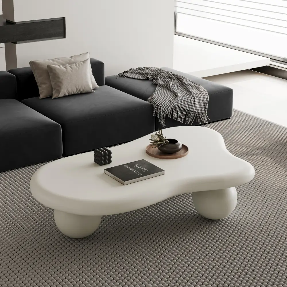 47-in Modern Cloud-Shaped Coffee Table with 3 Ball Legs, Irregular Curve Top, Durable Construction, Kid-Safe Edges, 200lbs Max Load, Kid- & Pet-Friendly Living Room Table for Home Living Spaces, Living Room Tables, Modern Coffee Table