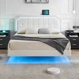 【GARVEE】Floating Queen Bed Frame with RGB LED Lights, Adjustable Upholstered Headboard, Metal Construction, Easy Assembly, Modern Design, White