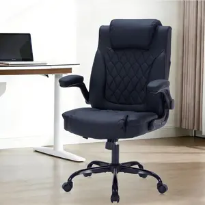 GAOMON Leather Office Chair 350lbs, Executive Office Chair with Wheels, Ergonomic Home Office Desk Chair with Adjustable Lumbar Support, Flip-Up Armrests and Tilt Lock, Black Thickened Padding