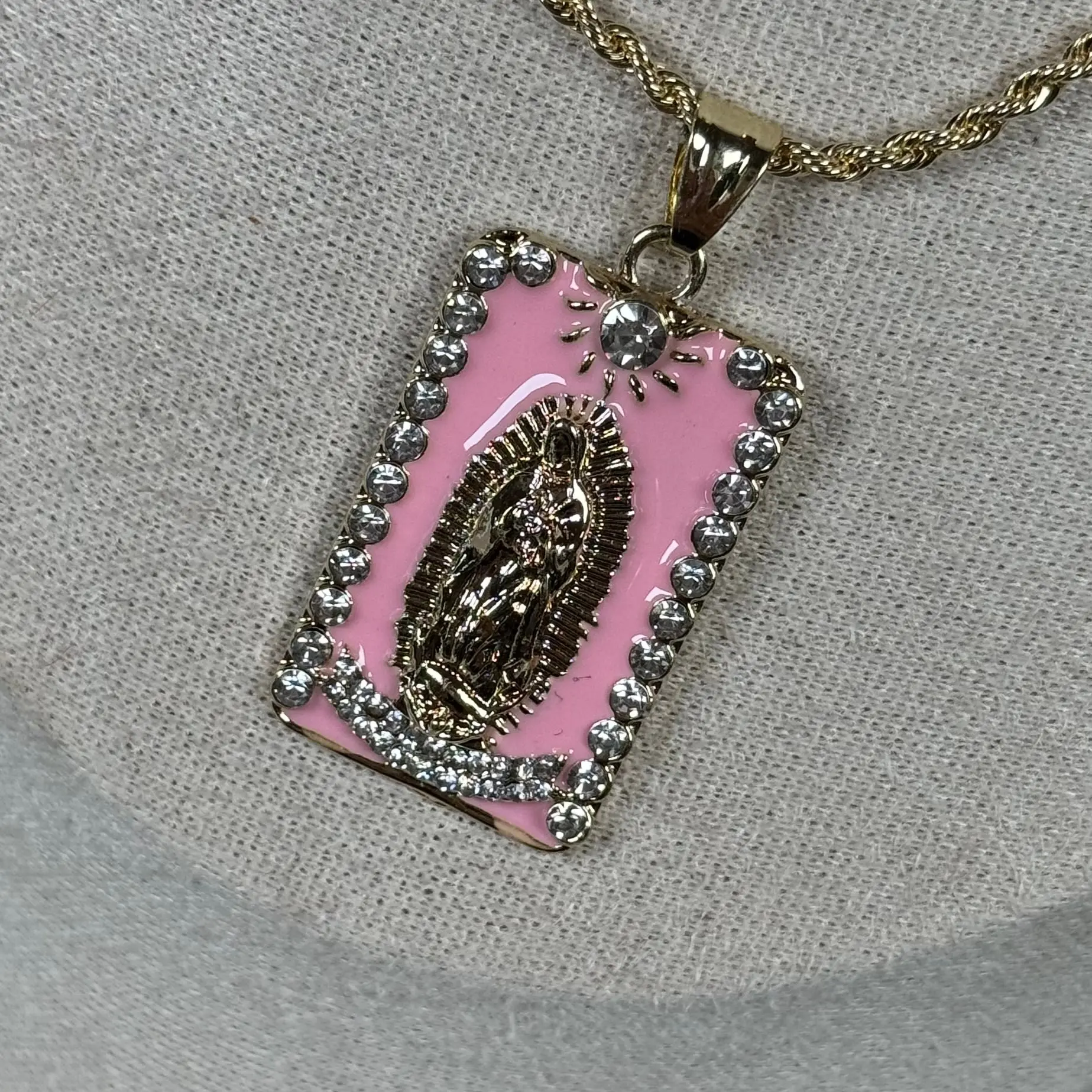 Virgin Mary, Guadalupe pendent, 20” chain, CZ diamonds