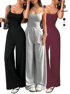 Women's Backless Strappy Spaghetti Strap Jumpsuit, Sexy Sleeveless Ruched Waist, Wide Leg, Summer Streetwear, Leg-Lengthening, Casual Style