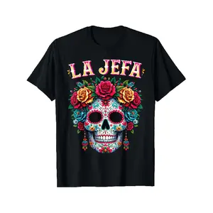 Men'S & Women'S Mexican Day of the Dead T-Shirt - Black Floral skull Graphic Tee with LA JEFA Text - Vintage Dia de los Muertos Party Outfit - Soft Breathable Cotton Shirt for Halloween, Dia de los Muertos Celebrations - Unisex Casual Top, Cultural Event