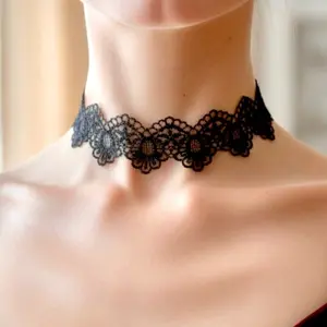 Black Lace Elastic Choker Necklace – Gothic Floral Choker, Adjustable Length