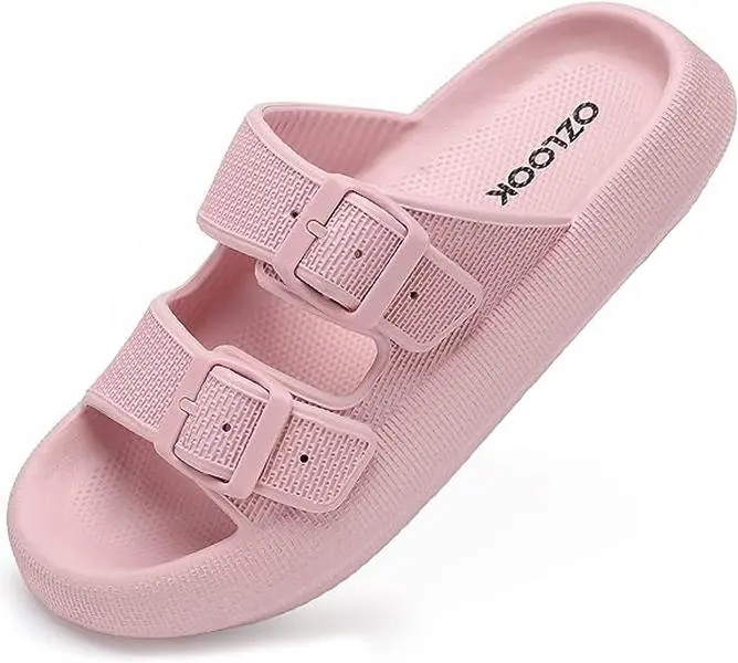 Solid Double Strap Slides for Women and Men,Non Slip Shower Slippers，Soft and Squishy Pillow Sandal，Pillow Cushioned Thick-Sole Adjustable Shoes, Bathroom Footwear, Shoes For Women, Slippers, Adjustable Straps Women's Fashion Slippers door closing powder